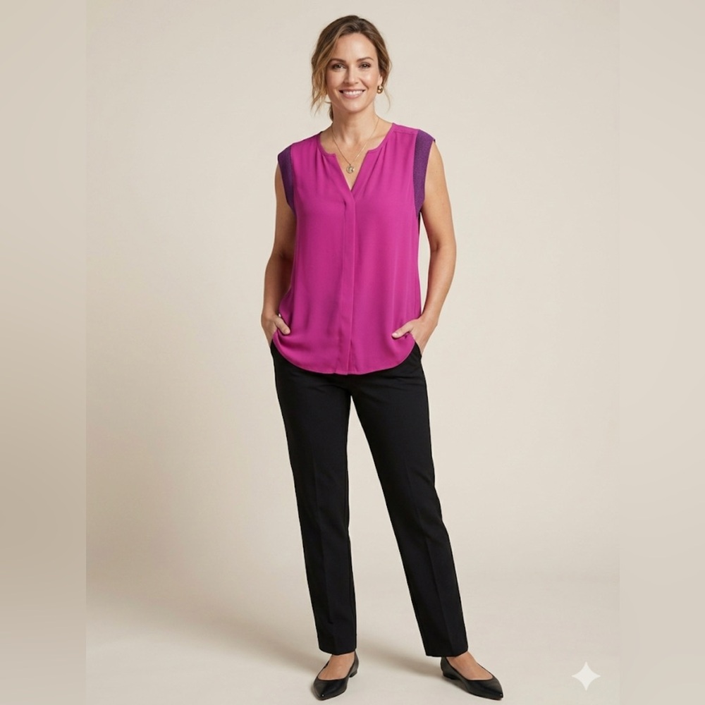 CAbi Campo Blouse Magenta Pink V-Neck Knit Trim Tank Top Medium